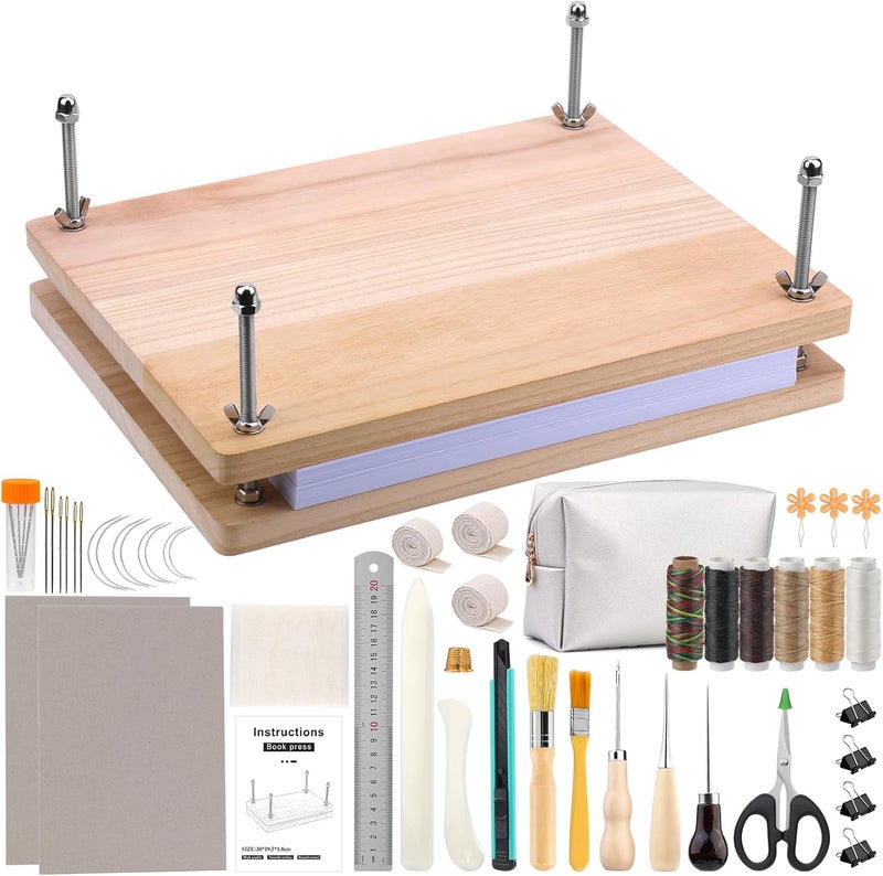 JUPEAN 45 Pcs Book Binding Kits, Bookbinding Kit Large Book Press 14.76”x11.42” with Books Binding Materials Bone Folder Tool Bind Cloth Webbing Strap and Storage Bag for Repair - Image 1